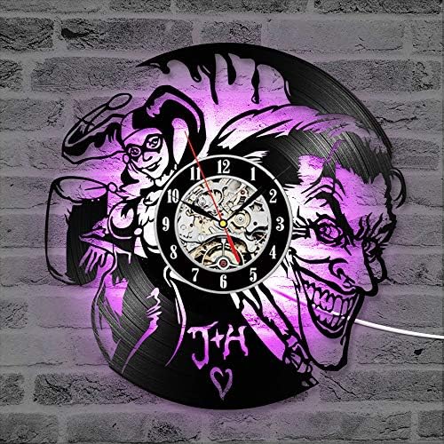 LRRD Joker and Harley Quinn LED Record Wall Clock Creative&Classic Silent Quartz Hanging 3D Wall Clock Antique Vinyl Record for Home Decor