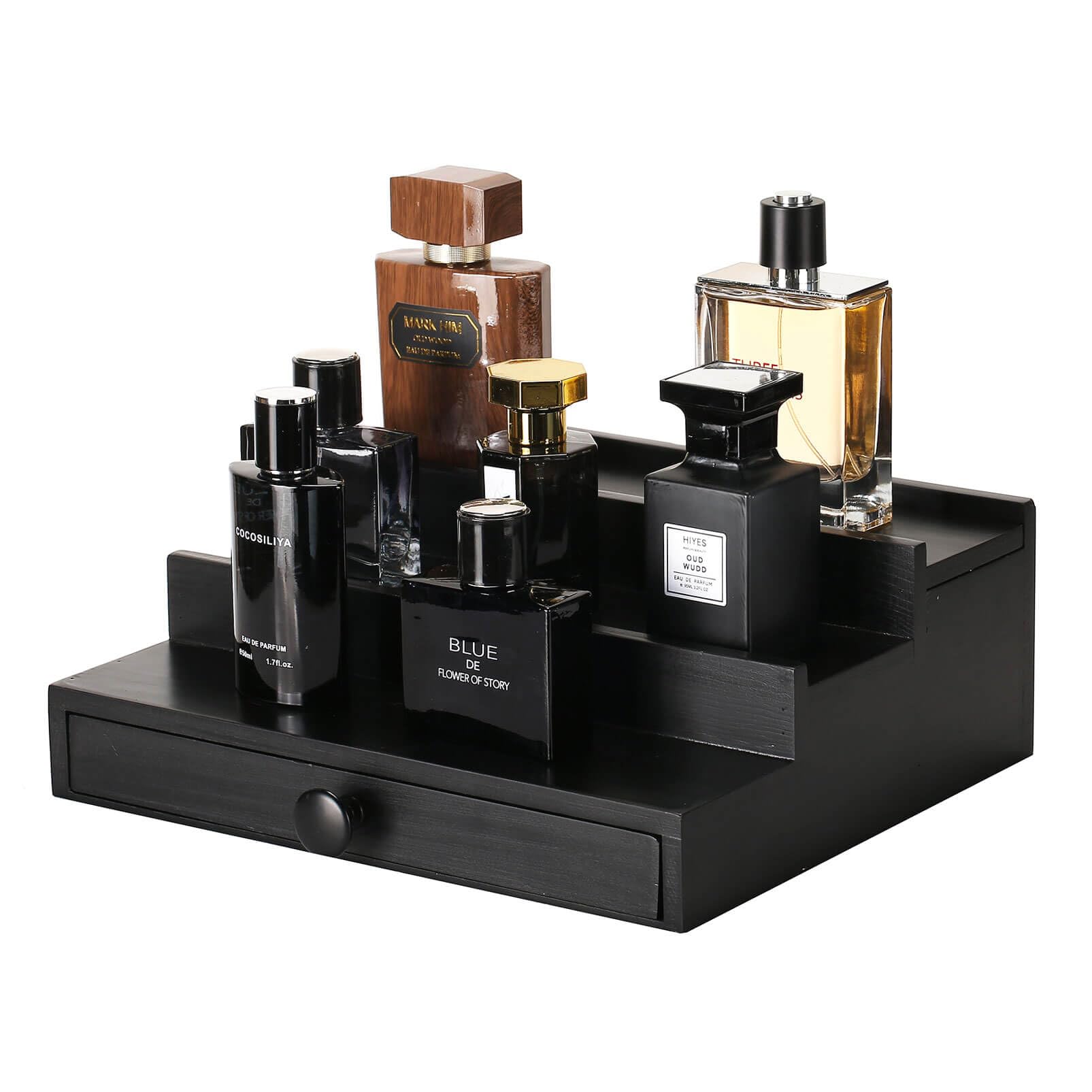 Photo 1 of Black Wooden Cologne Organizer for Men - 3 Tier Wooden Perfume Display Stand with Drawer and Hidden Compartment for Organizing and Storing, Cologne Holder Shelf for Dresser