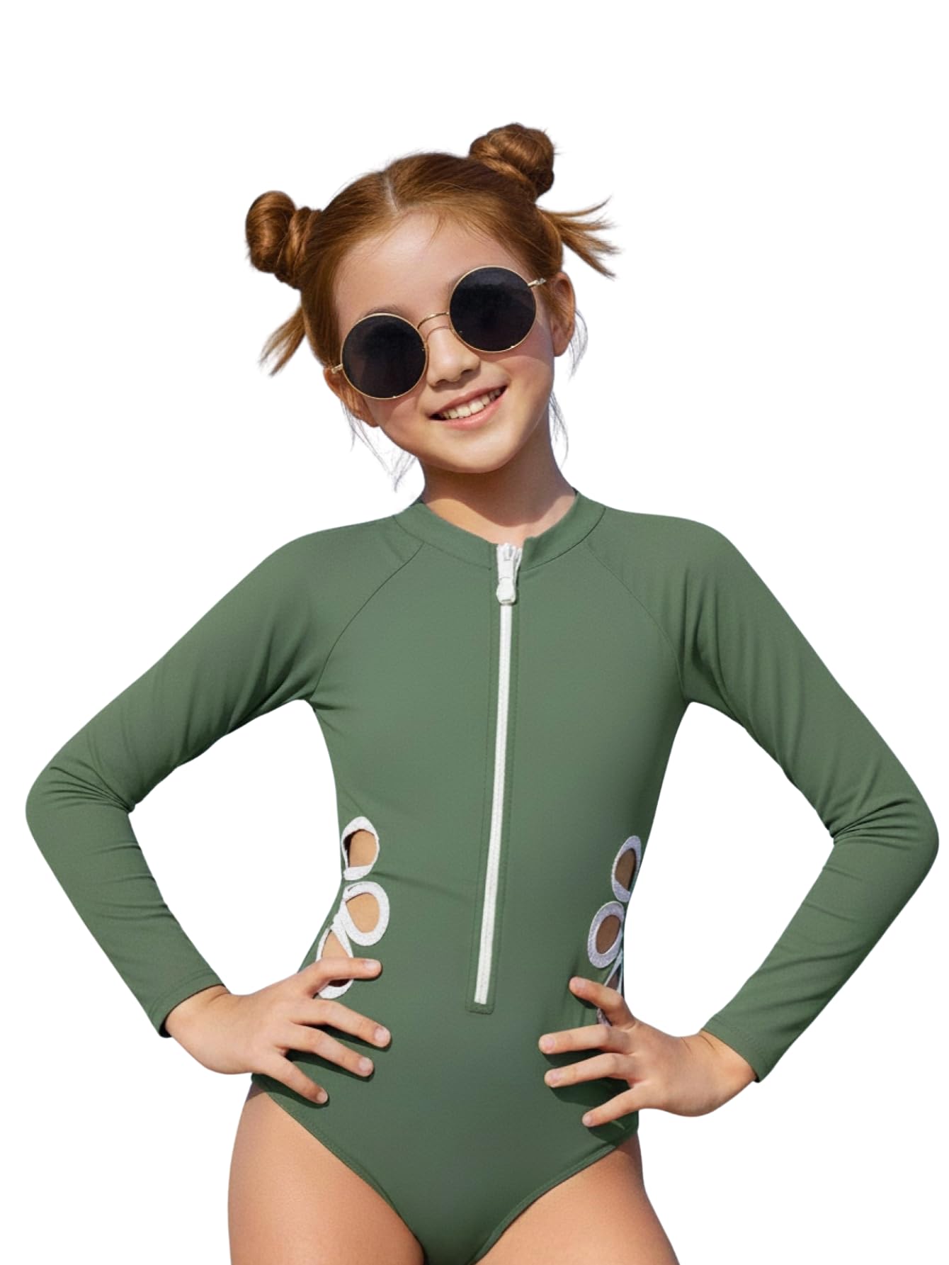 Photo 1 of SEGT Girl's One Piece Rash Guard Long Sleeve Swimsuits Bathing Suit Green 12Y