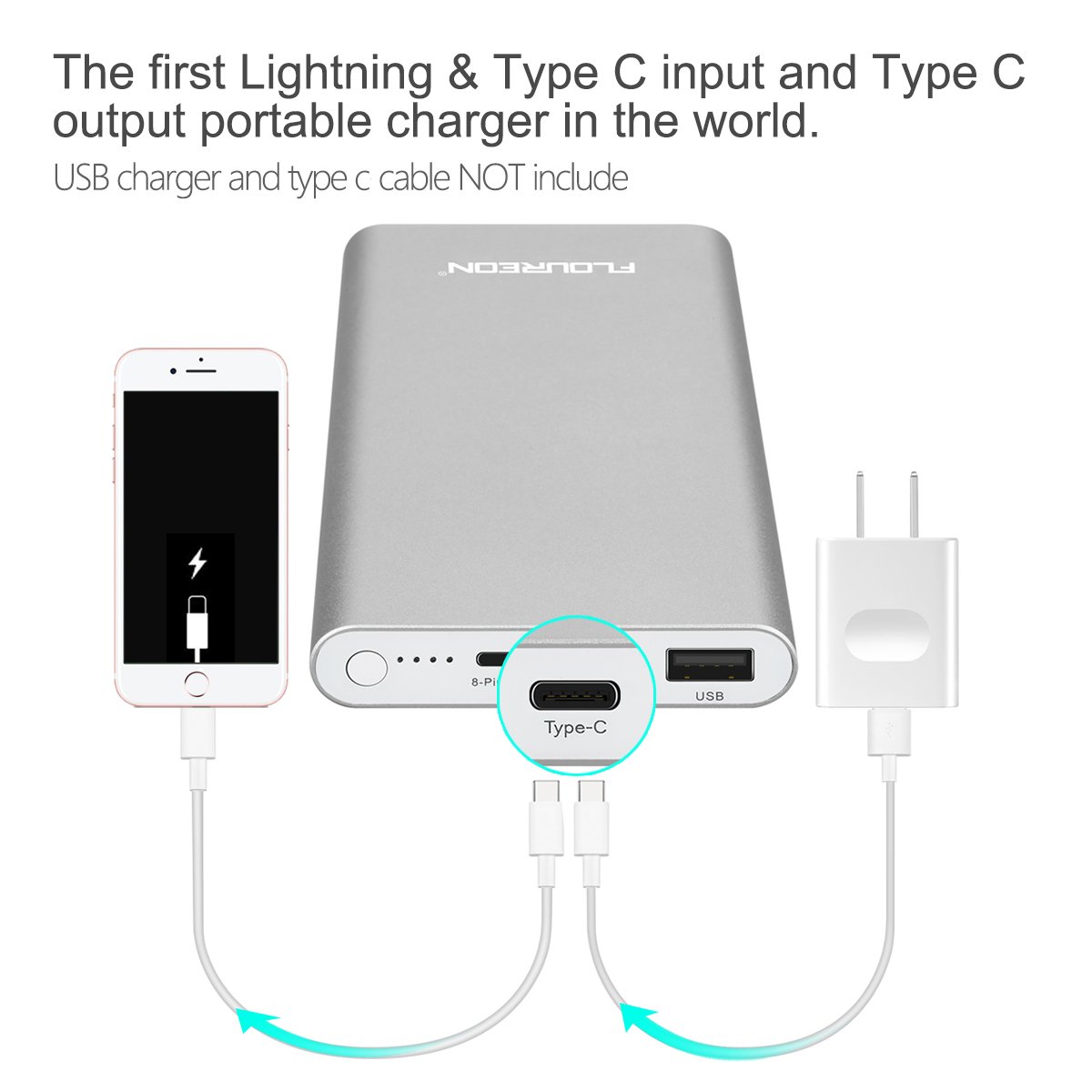 FLOUREON 12,000mAh Lighting Power Bank Portable Phone Charger with High-Speed Lighting Type C Input/Output, 3A Fast Charging External Battery Charger with High-Speed Lighting Type C Input/Output, 3A Fast Charging for iPhone 8/ 8 Plus/ X/ 7/