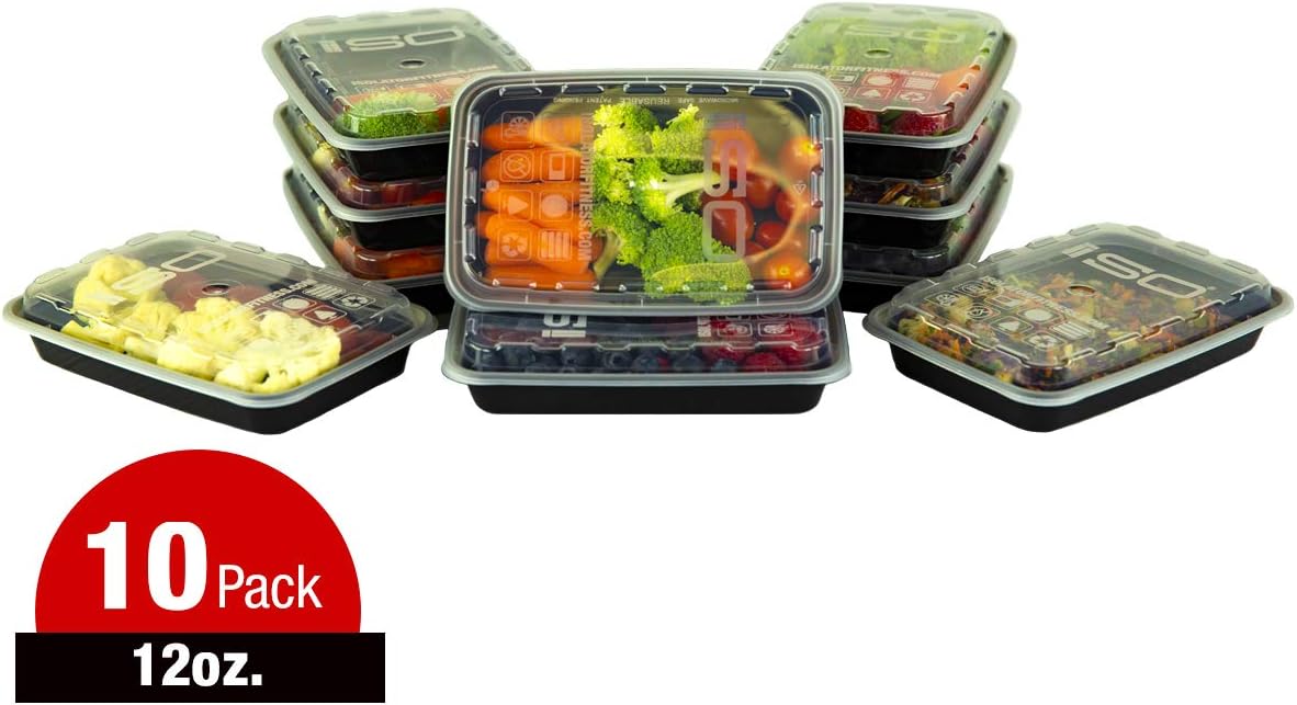 ISO Meal Prep Containers with Lids Certified BPA-Free Stackable Reusable Microwave/Dishwasher/Freezer Safe 12 oz, 10 Count, BLACK