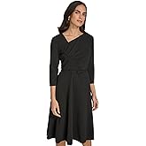 Calvin Klein Womens 3/4 Sleeve Asymmetrical Neckline Belted Fit & Flare Midi Dress