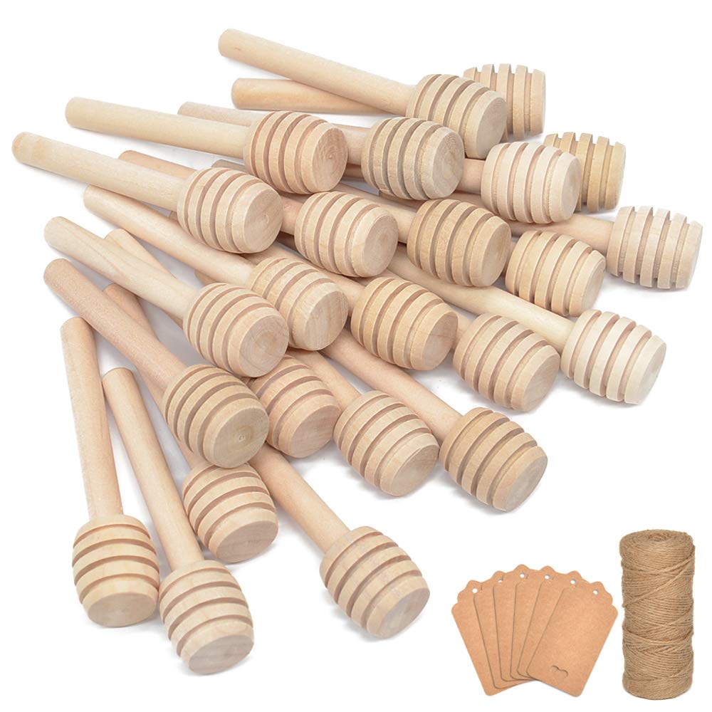 Photo 1 of 100Pcs 3 Inch Wood Honey Dipper Sticks with Natural Jute Twine & Kraft Paper Tags for Honey Jar Dispense Drizzle Honey Wedding Party Family by BNK