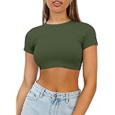 Haochic Womens Crop Tops Crewneck Y2K Summer T-Shirt Basic Short Sleeve Fitted Knit Ribbed Casual Blouse Cute Tee Shirt