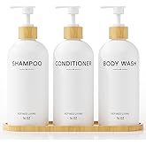 Shampoo and Conditioner Dispenser Set,Shower Soap Dispenser for Bathroom,Refillable Shampoo and Conditioner Bottles with Bamboo Pump and Tray,Soap Dispenser Bathroom for Shower (White, 3-Pack)