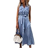 utcoco Womens Summer Casual Belted Sleeveless Denim Shirt Dresses Button A-Line Swing Jean Long Dress