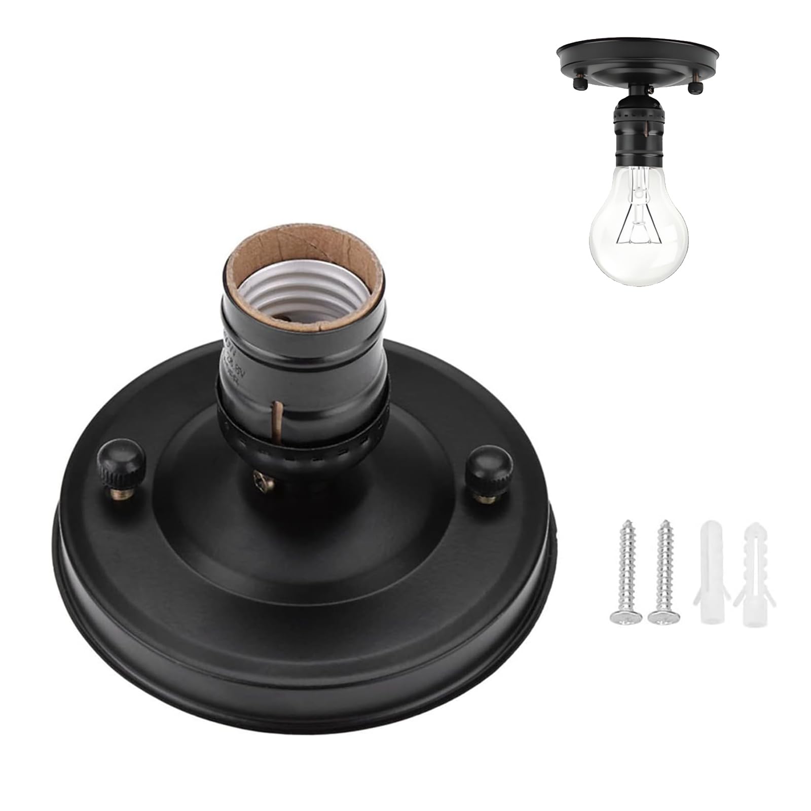 YUMILI Ceiling Light Socket, E26/E27 Vintage Industrial Ceiling Wall Light Base Holder Pendant Bulb Lamp Screw Base for Office Bedroom Living Room Hotels(Black)