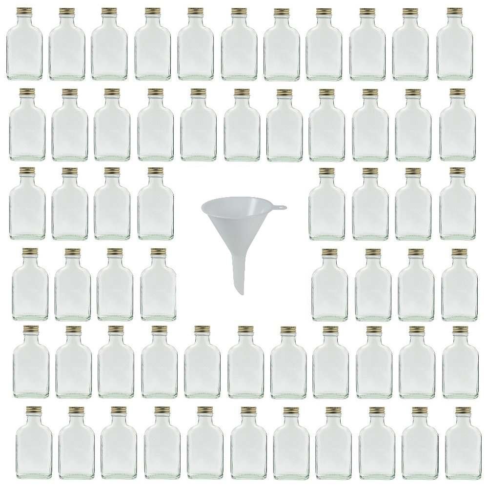 Viva Haushaltswaren Set of 60 Mini Glass Bottles 100 ml Flask with Screw Tops for Self-Filling with Filling Funnel Diameter 7 cm