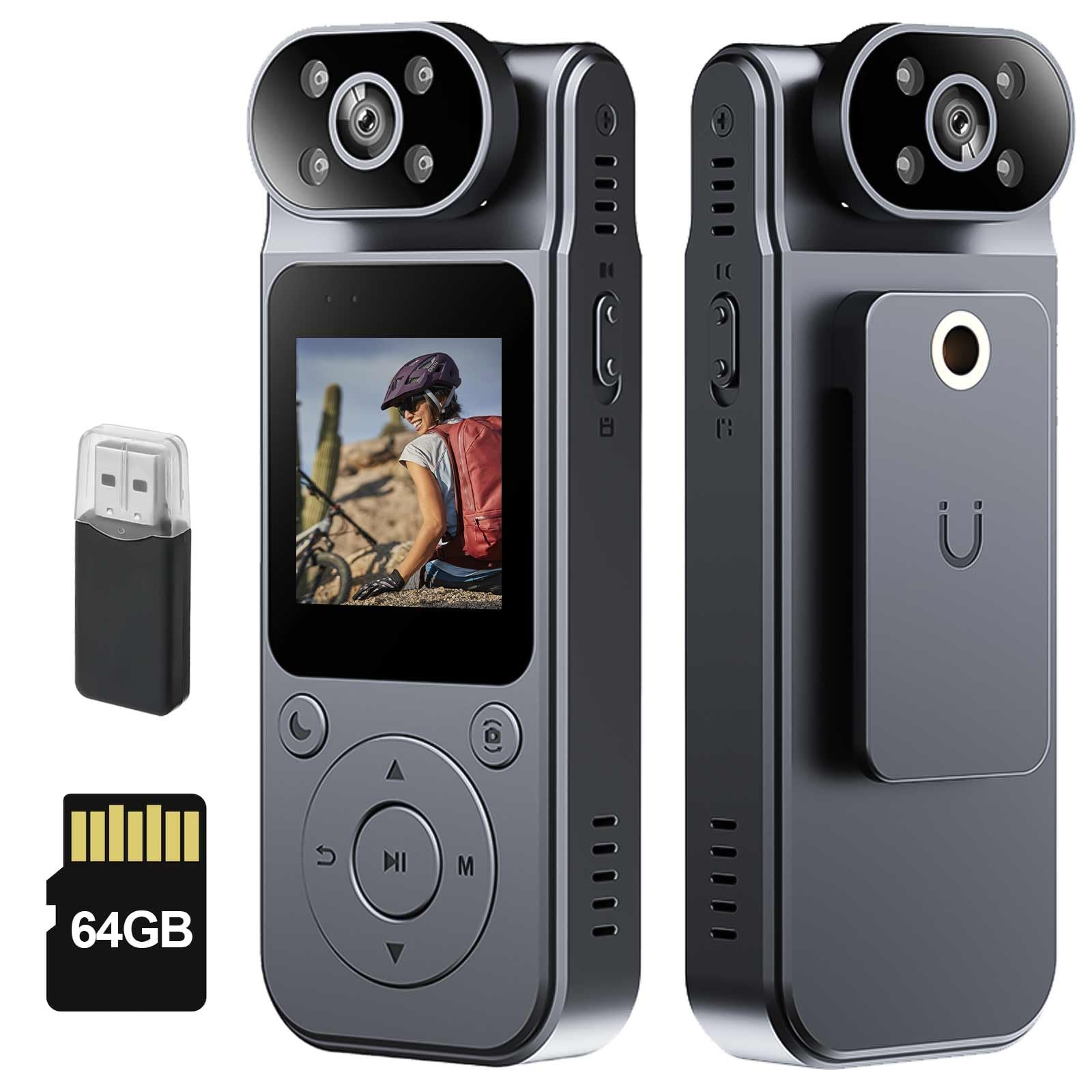 Photo 1 of 1080P Mini Body Camera 64GB Personal Body Cam, Pocket Camera with 180° Rotating Lens and Night Vision Function, Wearable Camcorder for Security, Travel, Outdoor