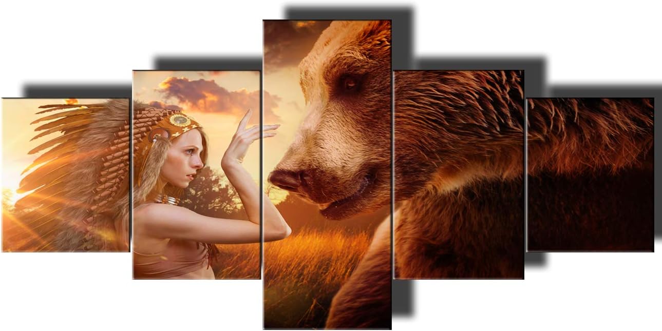 TUMOVO African American Art Indian Painting 5 Piece Canvas Wall Brown Bear Pictures Home Decor for Living Room Modern Artwork Giclee Wooden Framed Gallery-Wrapped Stretched Ready to Hang(50''Wx24''H)