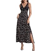 Milumia Women's Contrast Lace Ditsy Floral Long Dress V Neck Sleeveless Split Thigh Elegant Dresses
