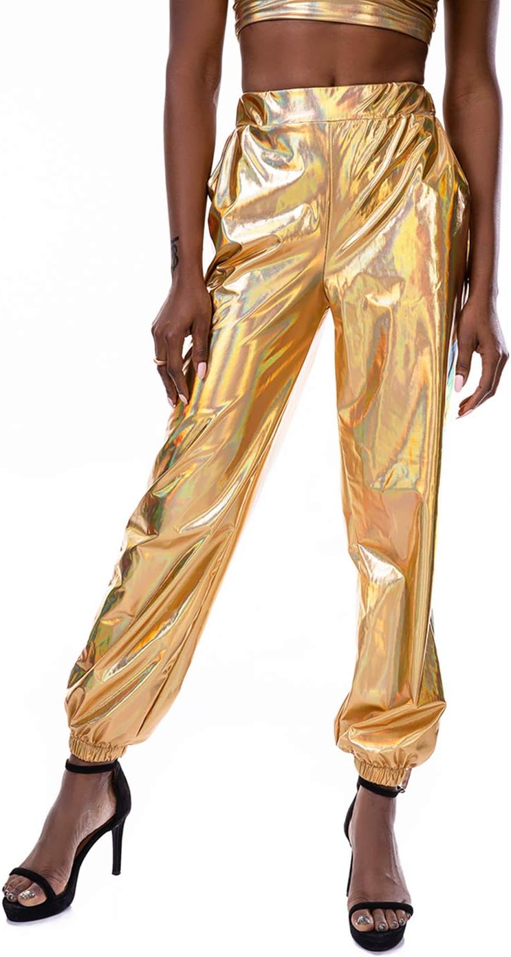 Women's Metallic Shinny Pants, Casual Holographic Jogger Sweatpants Punk Hip Hop Trousers Streetwear
