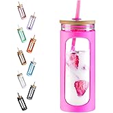 Kodrine 20oz Glass Tumbler with Straw and Lid, Iced Coffee Cups with Bamboo Lids, Glass Cups for Cold Drinks, Smoothie Cup with Silicone Sleeve for Travel, Work, BPA FREE-Rose