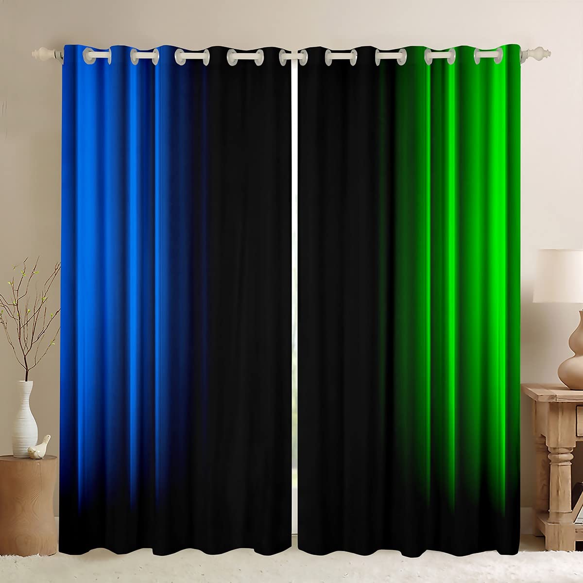 Geometric Abstract Ombre Window Curtains for Bedroom Living Room Kids Boys Teens Blue Green And Black Striped Curtains Decor Modern Fashion Window Drapes Treatments W46*L54 — image 1