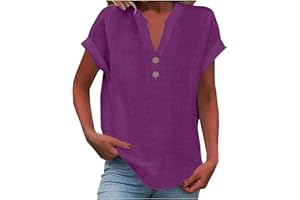 Women Cotton Linen Tunic Tops Casual Short Sleeve 1/4 Button V Neck Shirts Loose Fit Summer Beach Vacation Blouse