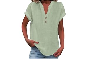 FLOLEO Linen Shirts for Women V Neck Button down Blouse Short Sleeve Office Work Tops Vintage Vacation Tees Shirt Blouse Tops