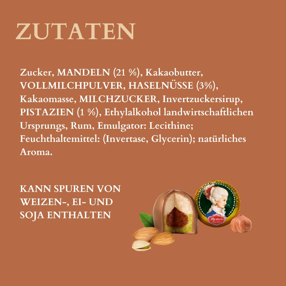 Reber, Constanze Mozart-Kugeln Barock, 15er Packung, Kugeln aus Alpenmilch Schokolade, Gefüllt mit Pistazien, Marzipan, Mandeln, Haselnuss-Nougat, 300g (15 Constanze Stück) 3