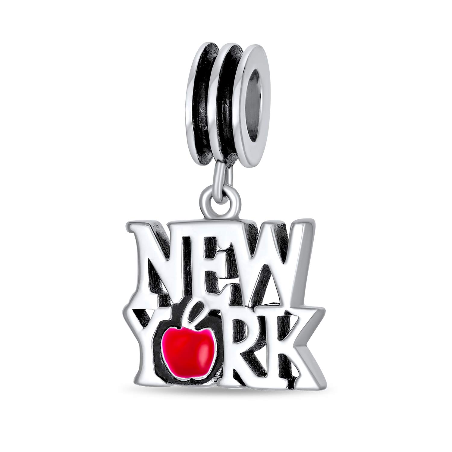 Bling Jewelry Red Big Apple Travel Vacation Tourism Saying I Love New York Dangle Charm Bead For Women For Teen Enamel .925 Sterling Silver Fits European Bracelet