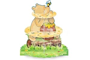 Classic Winnie Cupcake Stand - 3 Tier Vintage Bear Birthday Dessert Holder for Kids Winnie Theme Party Decorations. Perfect f