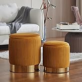 2BYF Round Ottoman with Storage Set of 2 Upholstered Velvet Vanity Stool for Living Room Storage Ottoman Multifunctional Foot Rest for Bedroom (Orange)