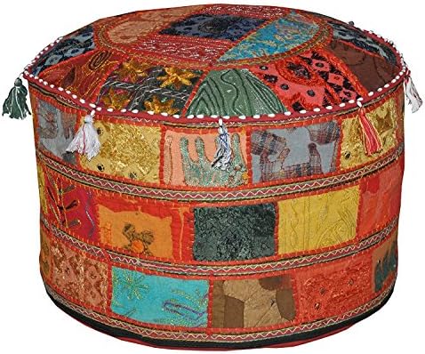Indian Living Room Pouf, Foot Stool, Round Ottoman Cover Pouf,Traditional Handmade Decorative Patchwork Ottoman Cover,Indian Home Decor Cotton Cushion Ottoman Cover 18x15"inche (Mahrron)