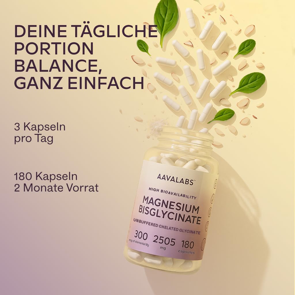 Magnesium Bisglycinat Hochdosiert 2505mg | 300mg Elementares Magnesium, Glycinat Kapseln Vegan - Ungepuffertes Magnesiumglycinat Chelat - 180 Bisglycinat Kapseln 7
