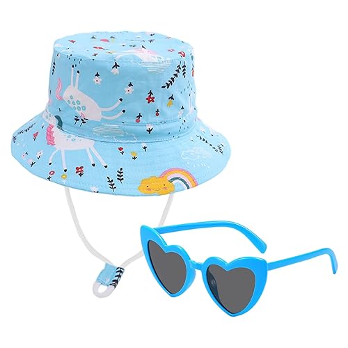 Kids Bucket Hat,Kids Sun Hat,Sun Protection Summer Beach Hats with Unicorn,Heart Sunglasses, Adjustable Bucket Hats for Baby Girls Boys 2-5 Years,Wide Brim Outdoor Play Hat Pink Blue (Blue)