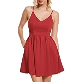 ROYLAMP Women's Casual Spaghetti Strap Dresses Elegant V-Neck A-line Swing Petite Tiered Short Mini Dress with Pockets