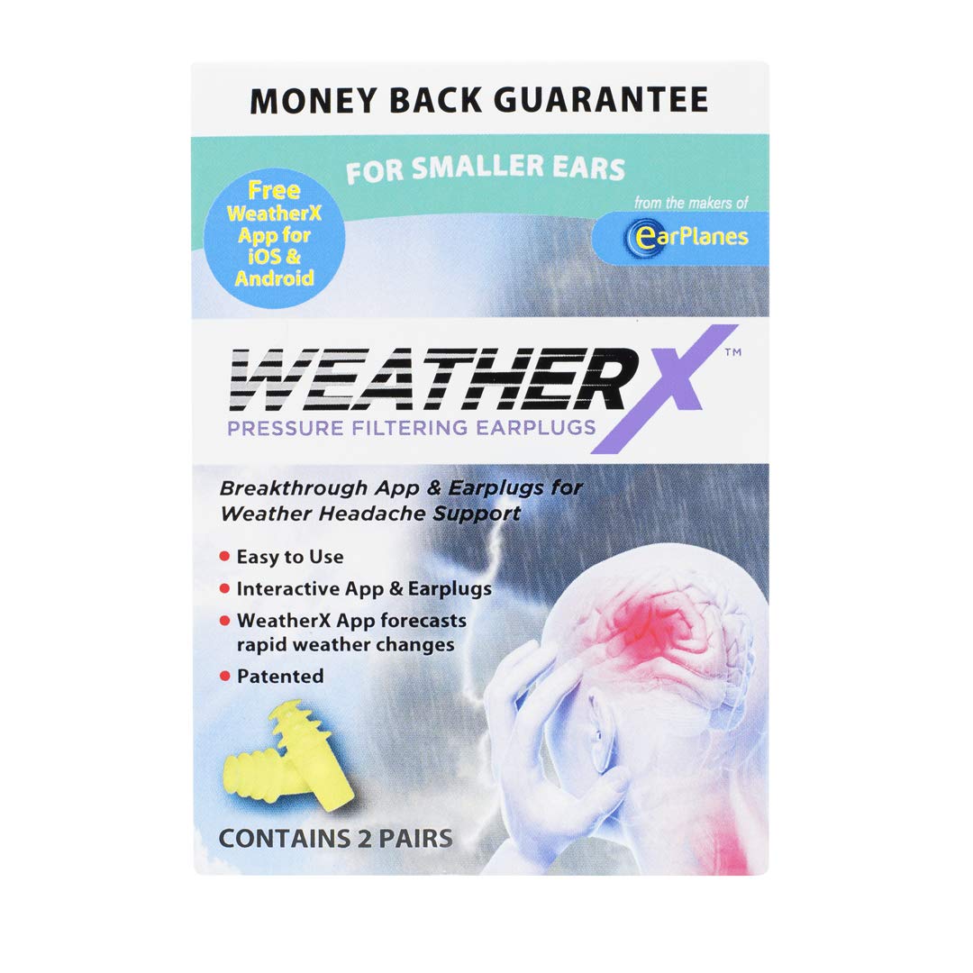 WeatherX Migraine Prevention– Pressure Filtering Earplugs for Shifts in Barometric Weather Pressure, for Smaller Ears (2 Pairs)