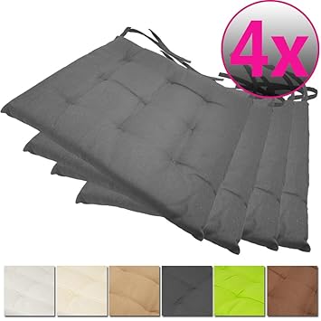 PROHEIM Stuhlkissen Nizza 40 x 40 cm im 4er Pack unifarben Sitzkissen für Stühle drinnen und draußen Stuhlauflage mit Haltebändern Steppkissen weich und robust, Farbe:Grau