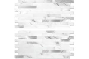 Yipscazo 20 Sheets Peel and Stick Stone Metal Backsplash, PVC Wall Tiles Stick on Tiles for Backsplash Kitchen, Bathroom, Fireplace (6'' X 12'', Marble White)