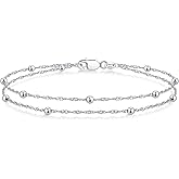 IEFWELL S925 Sterling Silver Bracelet for Women - 1.5mm Singapore Chain Bracelet, Dainty Double Strand Satellite Bead Bracelets, 6.5/7/7.5/8/8.5/9 Inches Jewelry Gifts for Women Her