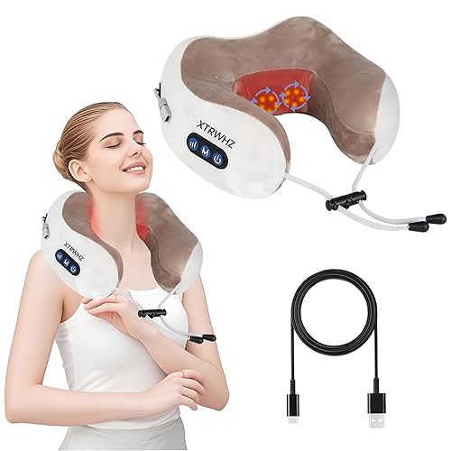 Neck Massager,Electric Neck Massager Pillow with 3 Strengths and 3 Modes Rechargeable Massage Cushion Deep Tissue Kneading Travel Pillow with Heating Function, for Home and Office Pain Re (with Logo)