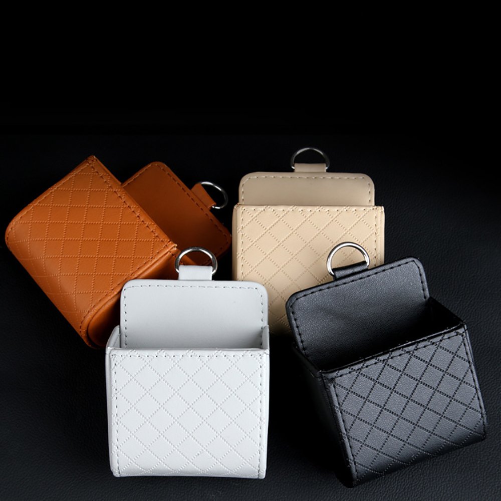 Pevor Car Auto Seat Back Interior Air Vent Cell Phone Holder Pouch Bag Box PU Leather Tidy Storage Coin Bag Case Organizer with Hook (Black)