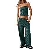 Fhykiss Women Striped Two Piece Set Tube Top Wide Leg Pants Summer Casual Matching Lounge Set Beach Vacation Travel
