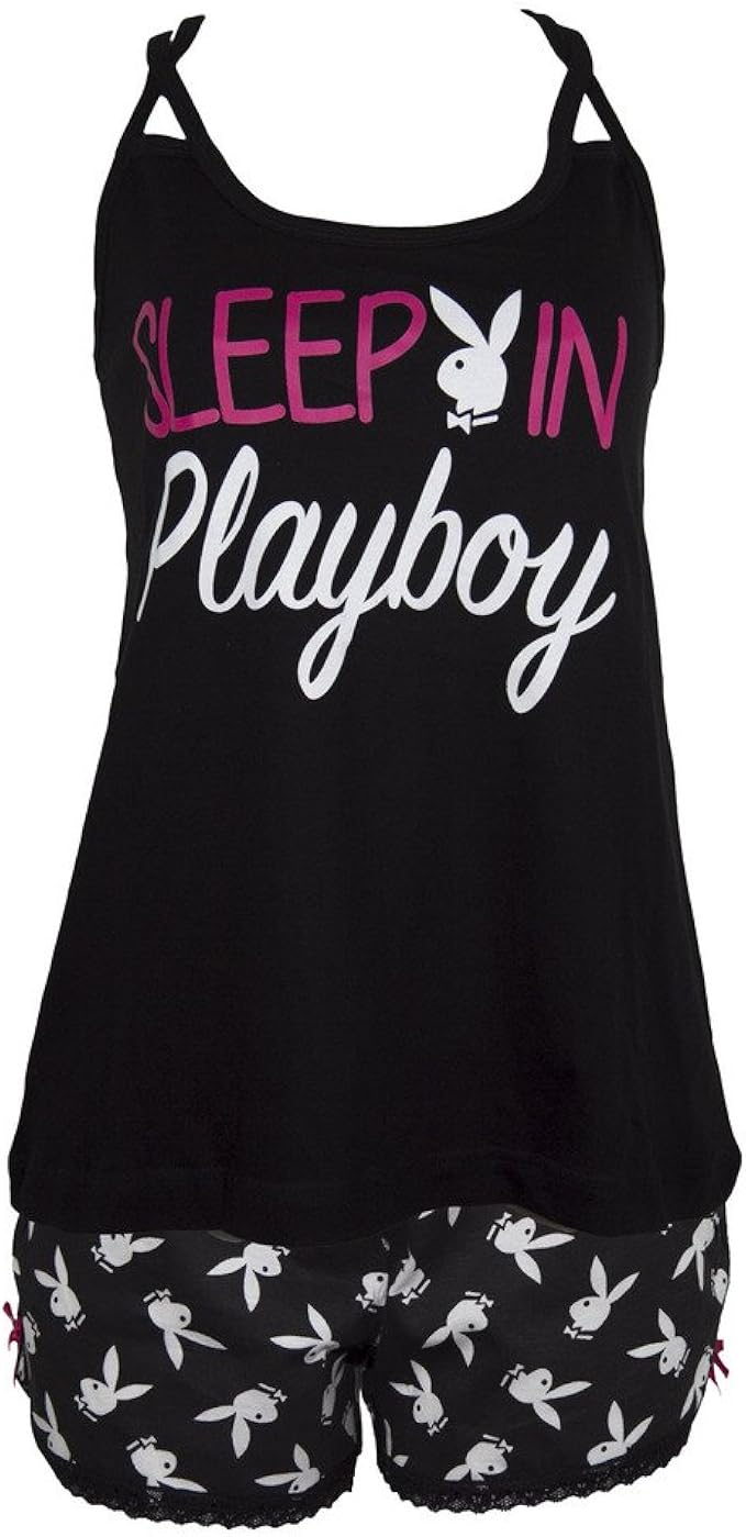 Playboy Women's Strappy Graphic Tank with Logo Shorts Pajama Sleepwear