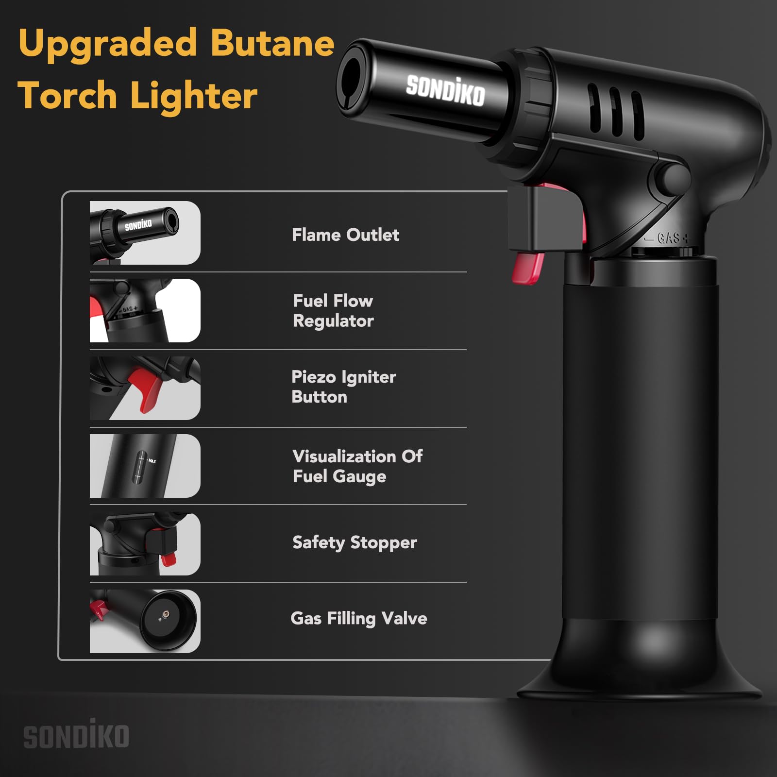 Sondiko Butane Torch with Fuel Gauge, Refillable Soldering Torch with Adjustable Flame for Welding, Resin Art, Industrial(Butane Gas Not Included)