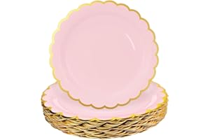 HEIPINIUYE 50 Pieces Light Pink Paper Plates with Gold Foil 7 Inch Disposable Pink Scalloped Dinner Plates for Wedding Baby Shower Birthday Party Dessert Plate