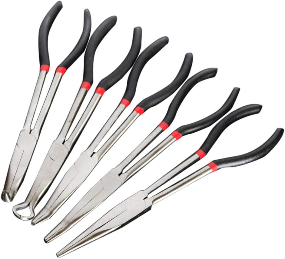 Alelife 5pcs 11‘’Long Needle Nose Pliers Set Bent Nose Plug Cable Puller Reach Flat 90 45