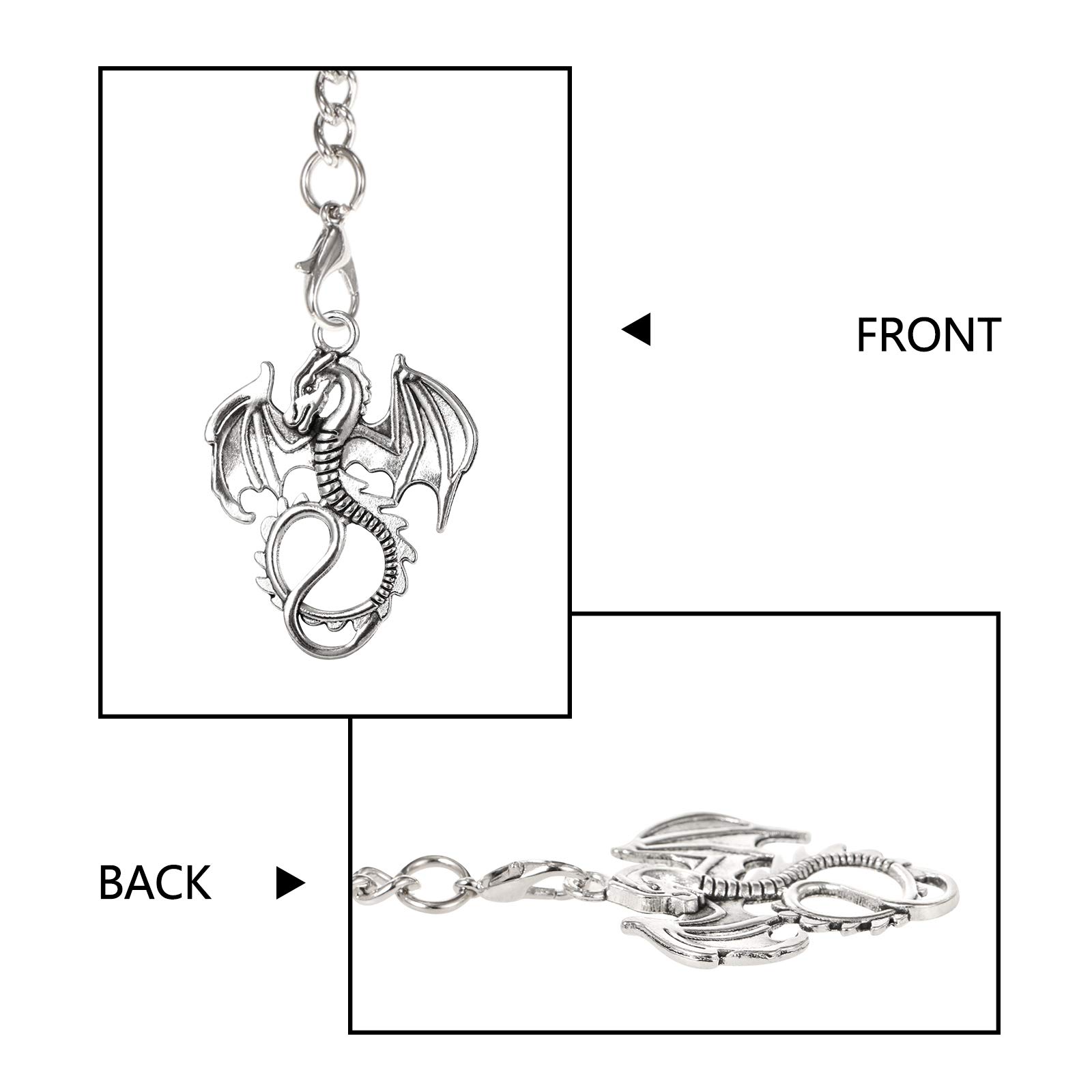 Men's Albert Chain Pocket Watch Curb Link Key Chain 2 Hooks with Antique Dragon Pendant Design Charm Fob T Bar