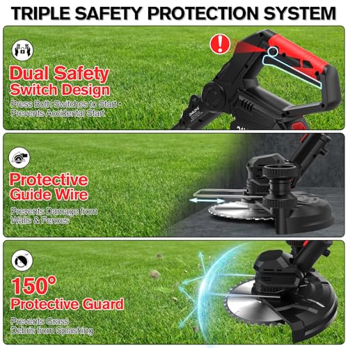 SMILOVII 21V Cordless Weed Wacker Lawn Edger, 4.6lbs Lightweight Battery Powered String Trimmer, 4-in-1 Brush Cutter with Metal Blades, Wire Brush & Guide Wheel for Garden Edging (2 Batteries, 2.0Ah)