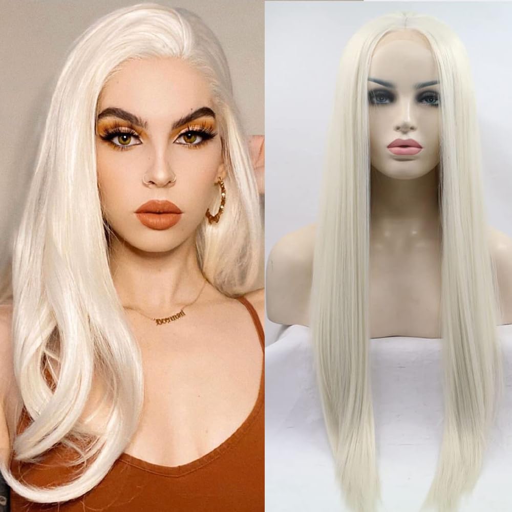 Xiweiya White Blonde Wig Long Straight 60# Platinum White Lace Front Wig Natural Hairline Middle Part Glueless Wig Heat Resistant Hair Half Hand Tied Women 24inch โ image 1