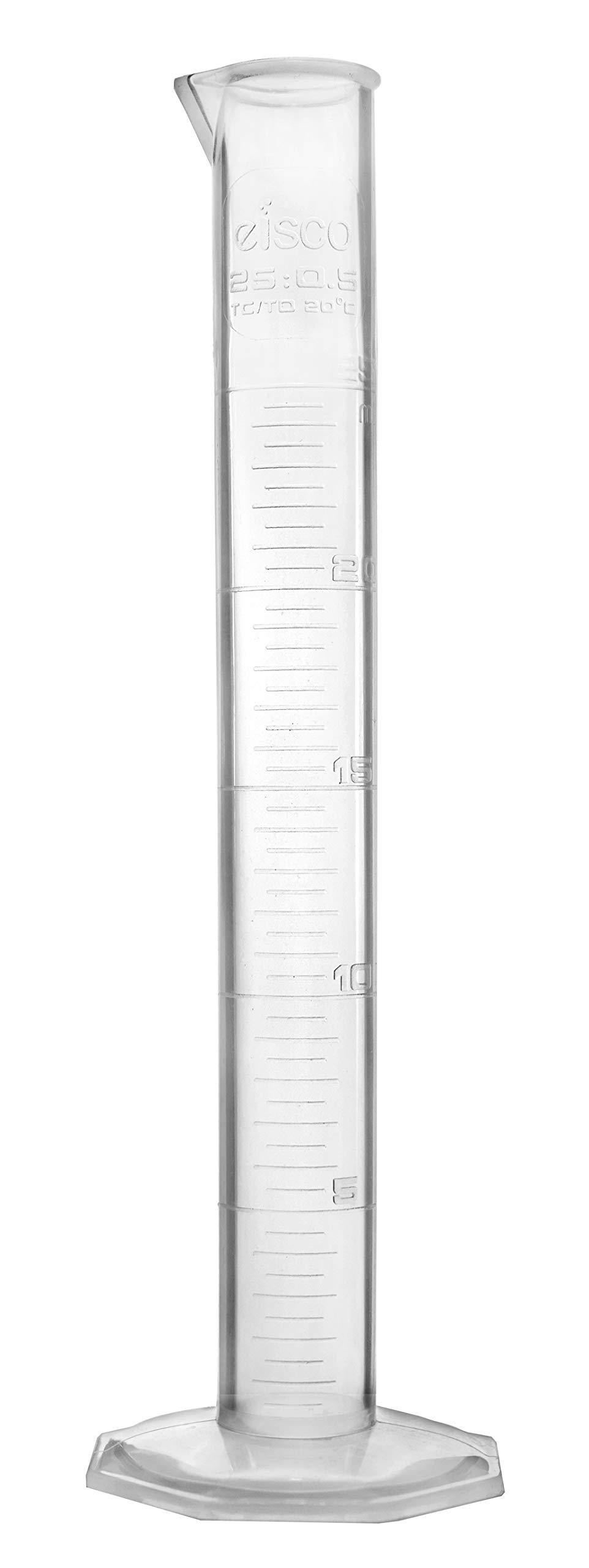 Eisco Polypropylene Graduated Measuring Cylinder - 25ml | Octagonal Base | Class B Tolerance | Easy to Read Measurements | Raised Graduations Marked Every 5ml | Durable Labware