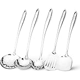 5-Piece Stainless Steel Cooking Utensils Set, Metal Kitchen Utensils, Spatula, Ladle, Slotted Spatula, Spaghetti Server, Skimmer 18/8 Stainless Steel Kitchen Tool Set, Durable & Dishwasher Safe