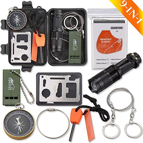 Monoki Emergency Survival Kit, 9-In-1 Compact Outdoor Survival Gear Kits Portable EDC Emergency Survival Tool Set with Gift Box for Camping Hiking Hunting Climbing Travelling Wilderness Adventures