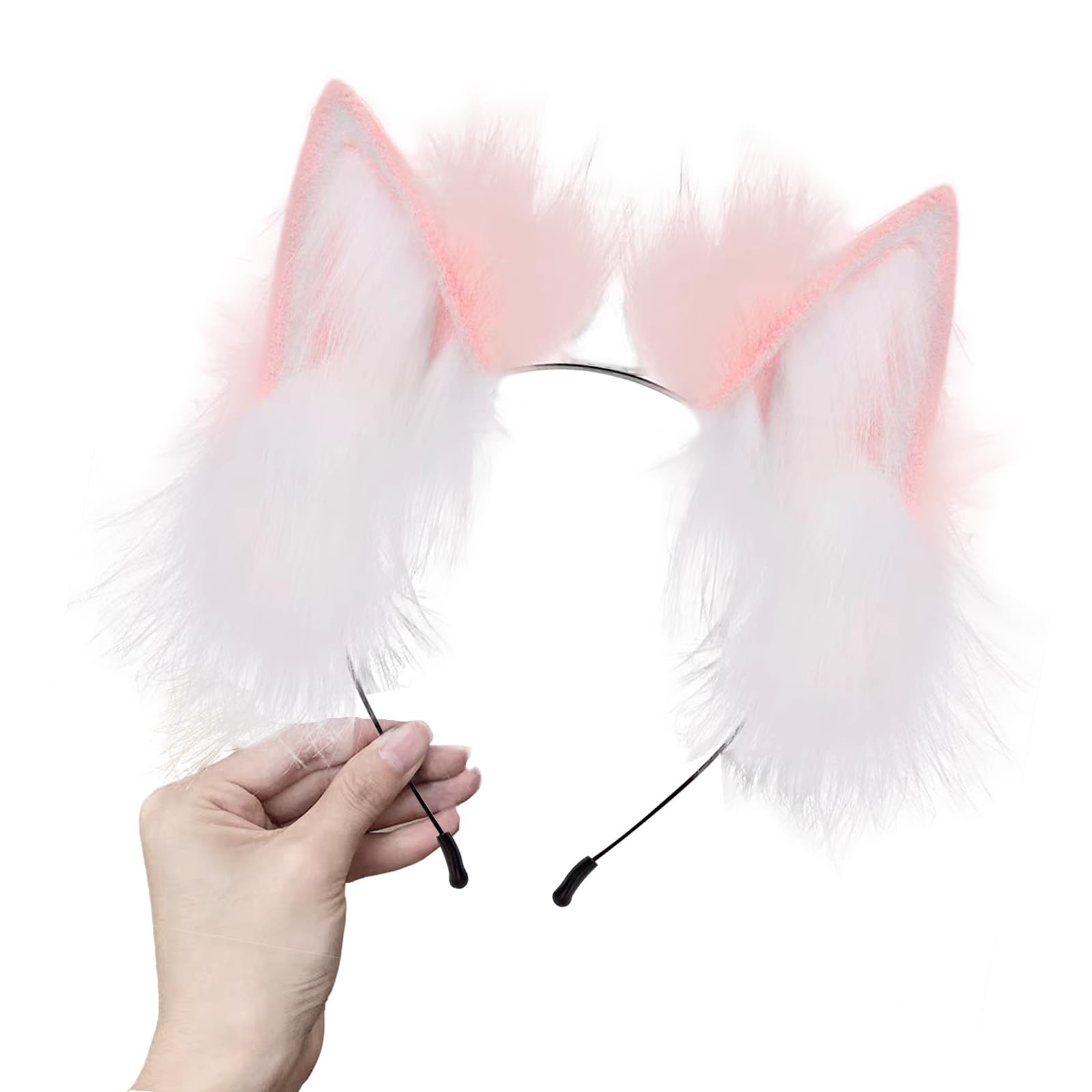 Ycfish Handmade Faux Fur Cat Ear Headband Cosplay Costume Party Cute Head Accessories for Halloween, Fluffy Wolf Fox Cat Ears Headband Costume Hair Hoop (Pink white)