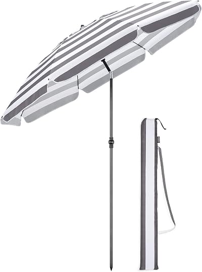 CHRISTOW 2m Beach Umbrella Tilting Parasol UV 30+ with Bag Grey/White