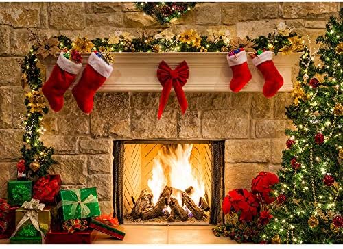 Delife 7x5ft Durable Fabric Christmas Fireplace Theme Backdrop Tree Sock Gift Decorations for Xmas Party Supplies Photo Background Pictures Banner Photography Studio Decor Booth Props