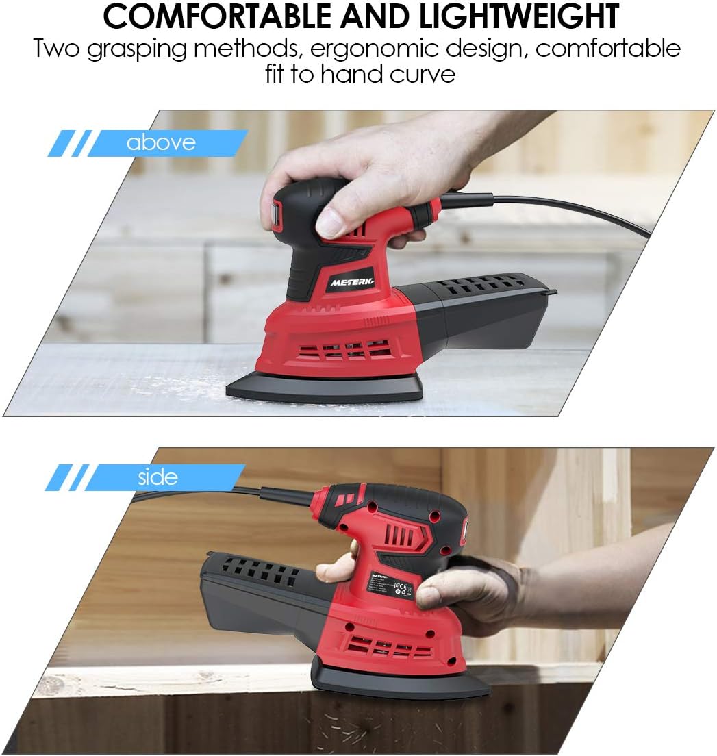 Mouse Detail Sander, Meterk 1.6A Random Orbit Sander with 20Pcs Sandpapers, 12500RPM Dust Collection System for Tight Spaces Sanding in Home Decoration and DIY Working - - 