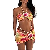 Luckydora Women's Floral Bikini Set Tropical Halter 3 Piece Wrap Mini Skirt Beachwear Sexy Summer Vacation Outfit Swimwear